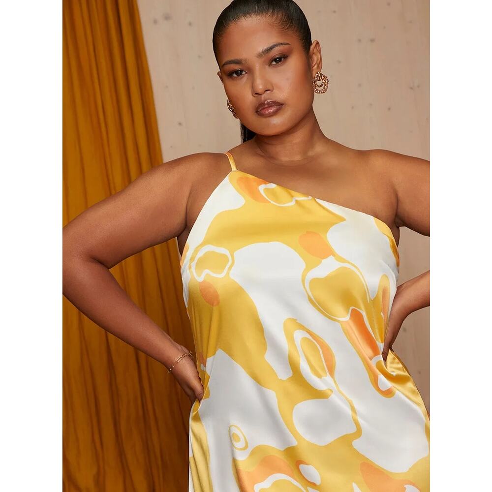 Chi Chi London Printed Satin One Shoulder Shift Dress Size 18 NWT Yellow Ivory - Picture 8 of 8